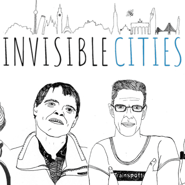Invisible cities - a sketch of a group of people in front of a city.