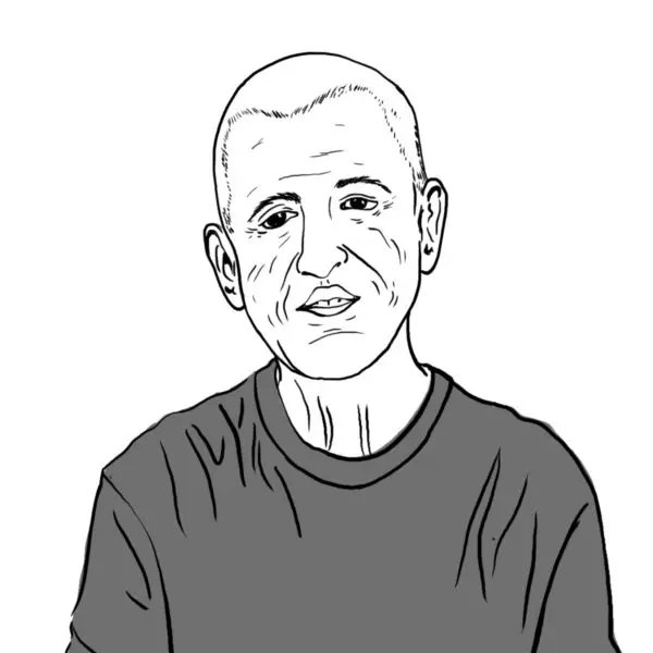Black and white line drawing of an older person with short hair, wearing a plain, long-sleeved shirt, looking forward with a neutral expression.