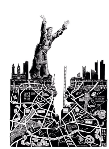 A black and white drawing of a man standing on top of a map showcasing Invisible Manchester, Off the Cobbles.