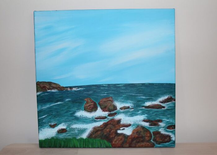 A stunning painting of the ocean, featuring majestic rocks on its serene surface. This captivating artwork presents a unique opportunity to support Invisible Cities and participate in a special auction.