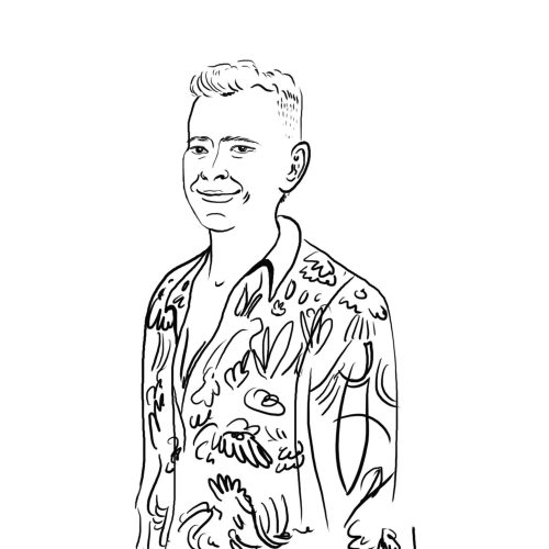 A black and white drawing of a man in a Hawaiian shirt, showcasing his vibrant style.