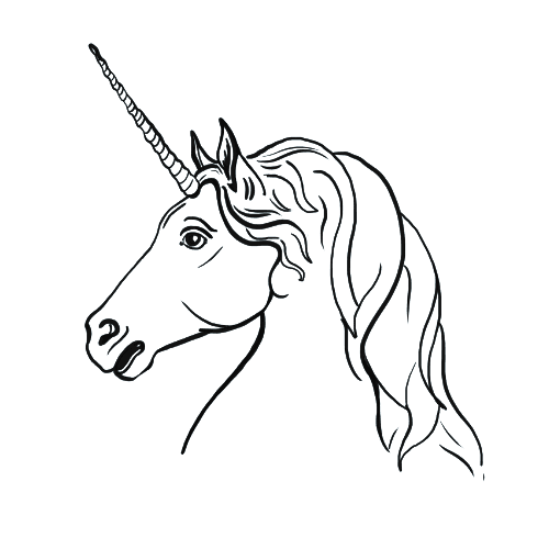 A black and white drawing of a unicorn head.