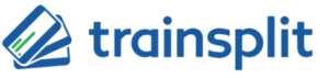 Logo of trainsplit, featuring stylized text with a blue and green design, including an image of a train emerging from a split ticket.