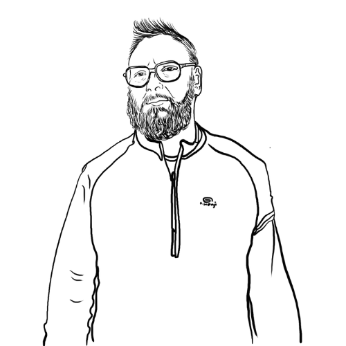 Line drawing of a bearded man wearing glasses and a zip-up jacket. He has a serious expression, styled hair, and embodies the Monopoly tycoon aesthetic.