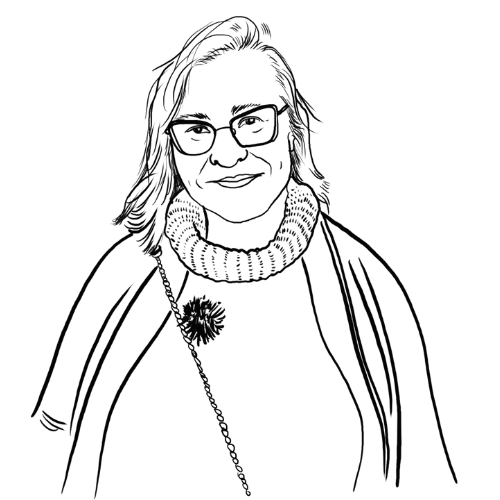 Line drawing of a smiling woman named Larysa with glasses, wearing a layered necklace and a jacket adorned with a flower pin.