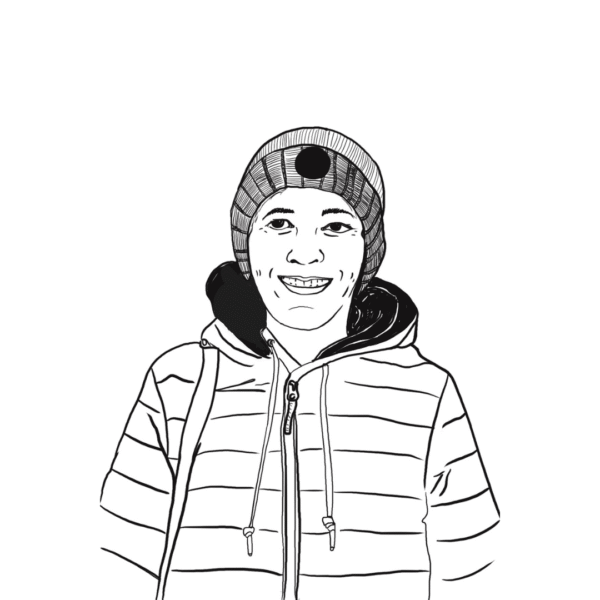Black and white drawing of a person smiling, wearing a striped jacket and a knit hat with a pom-pom, facing forward against a plain background.