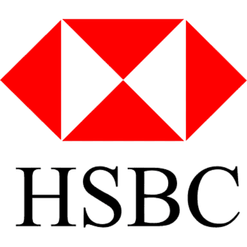 HSBC logo featuring a red and white hexagon emblem above the black capital letters "HSBC" on a light background.