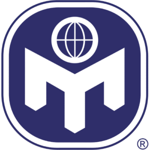A blue and white logo featuring a stylized letter "M" with a globe above it, enclosed in a rounded square border.