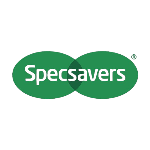 Specsavers logo with white text on overlapping green ovals, all on a plain light background.
