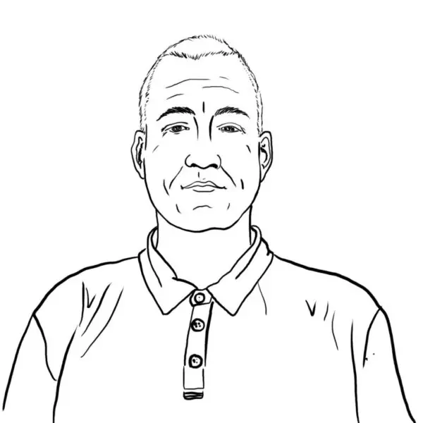 Black and white line drawing of a man with short hair wearing a collared shirt, facing forward with a neutral expression.