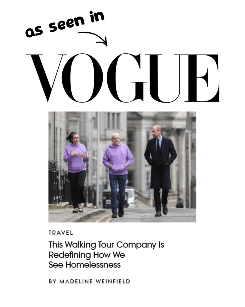 Three people walk together down a city street on one of the city’s stylish walking tours; two wear matching purple hoodies and one wears a suit. Text above reads “as seen in Vogue.”.